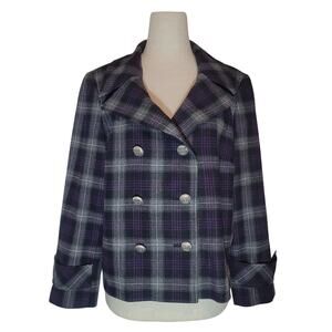 Helene Berman Plaid Crop Wool Peacoat Jacket Size L Purple Preppy Academia Punk